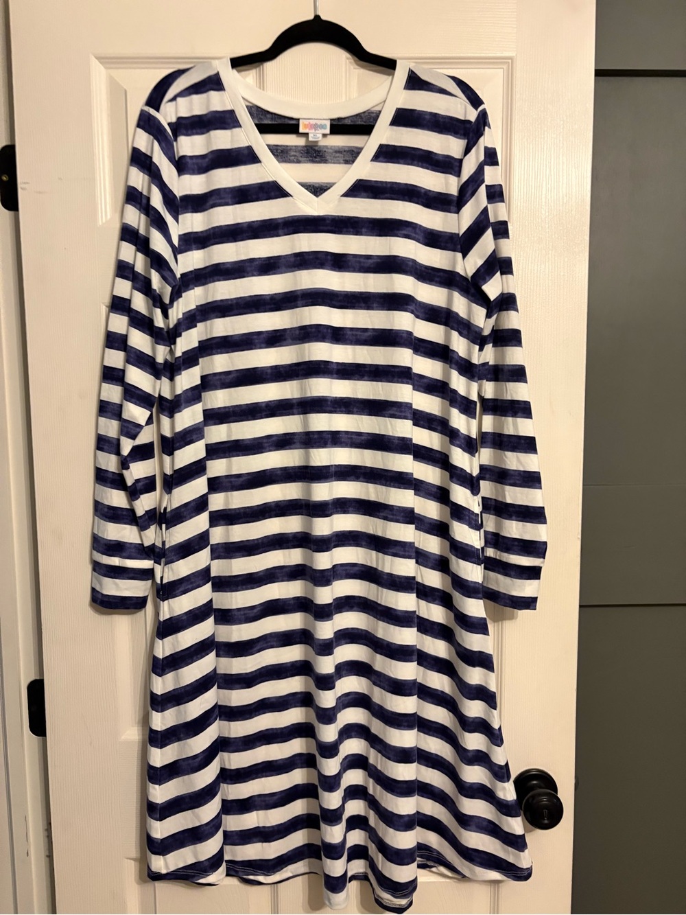 LuLaRoe White and Navy Striped V-Neck Long Sleeve Dress